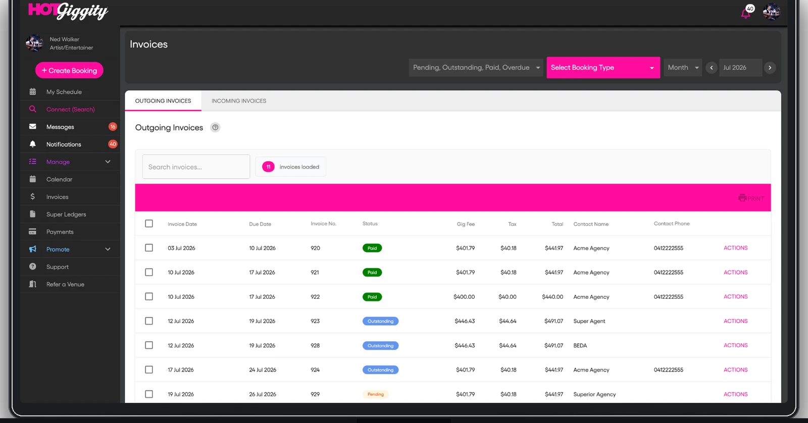 Hot Giggity artist invoices screen showing auto-generated invoices with superannuation calculated