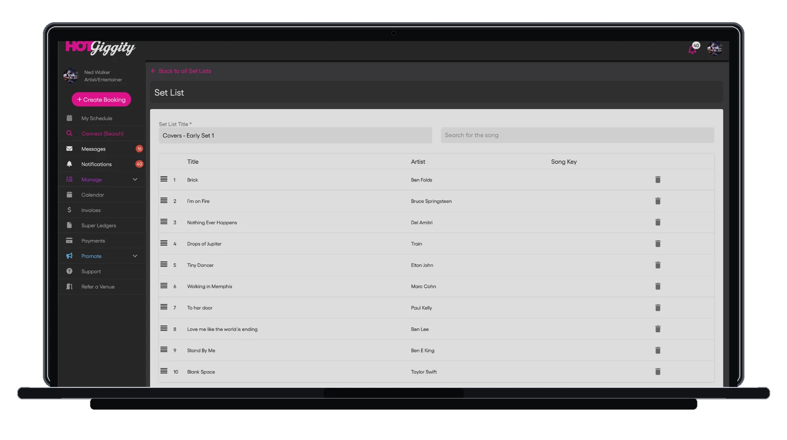 Hot Giggity setlist management screen