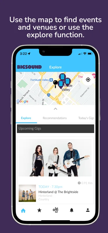 Use the map to find events and venues or use the explore function