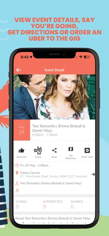 Cronulla Jazz & Blues Festival app: Event Detail screen with going and interested buttons, directions, share and Uber options