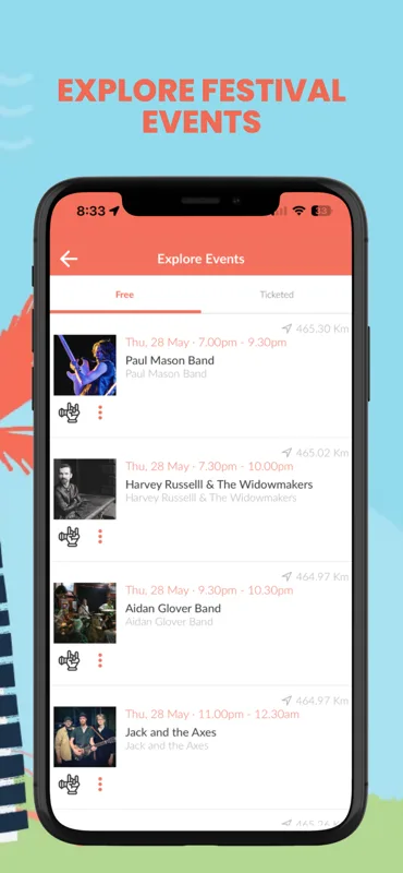 Cronulla Jazz & Blues Festival app: Explore Events screen showing the full program filterable by day, with real artist photos, set times and venues