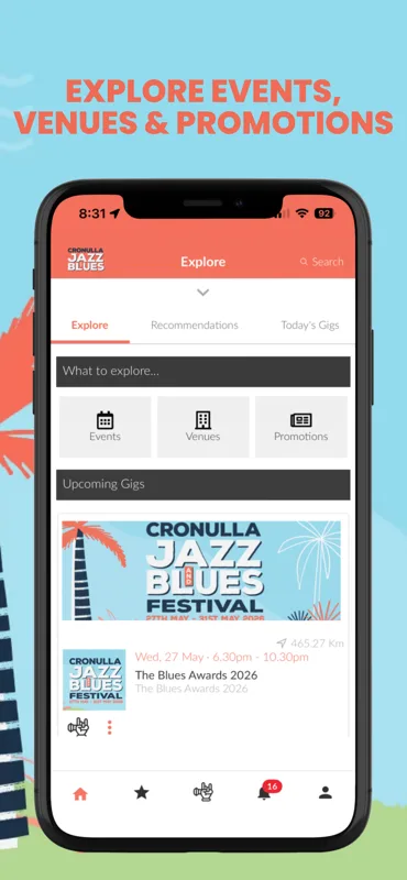 Cronulla Jazz & Blues Festival app: Explore home screen with Events, Venues and Promotions tabs