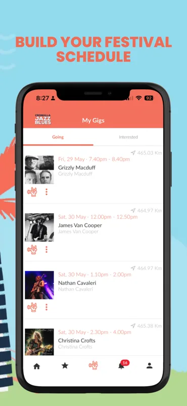 Cronulla Jazz & Blues Festival app: My Gigs screen showing a personal festival schedule of saved performances