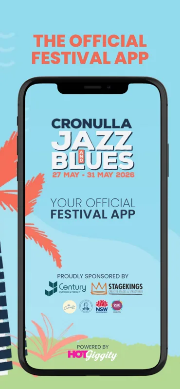 Cronulla Jazz & Blues Festival official app splash screen with festival branding and sponsor logos