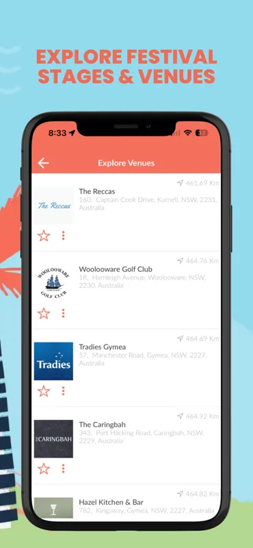 Cronulla Jazz & Blues Festival app: Explore Venues screen listing real participating venues around Cronulla and the Sutherland Shire