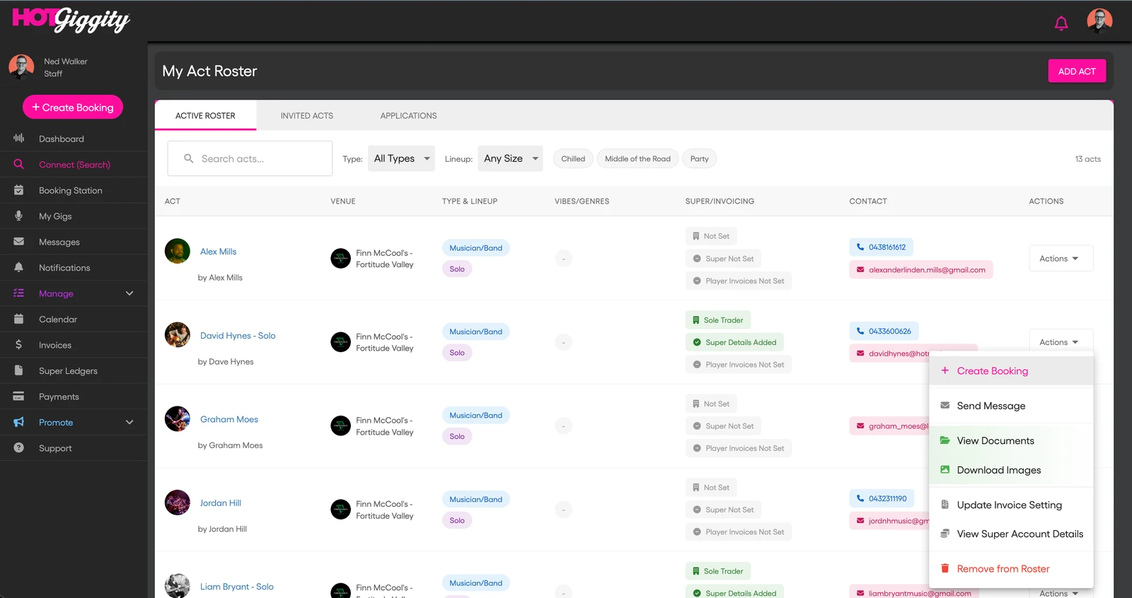 Hot Giggity My Act Roster showing active acts with contact info, super status, document downloads and hi-res images