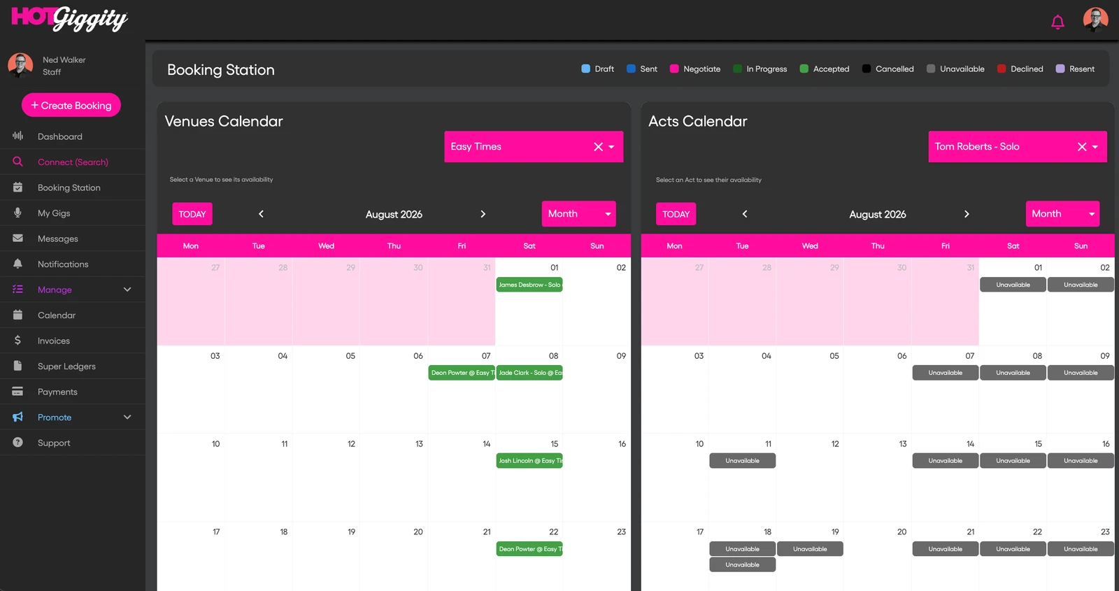 Hot Giggity Booking Station showing Easy Times venue calendar and Tom Roberts act calendar side by side with colour-coded booking statuses