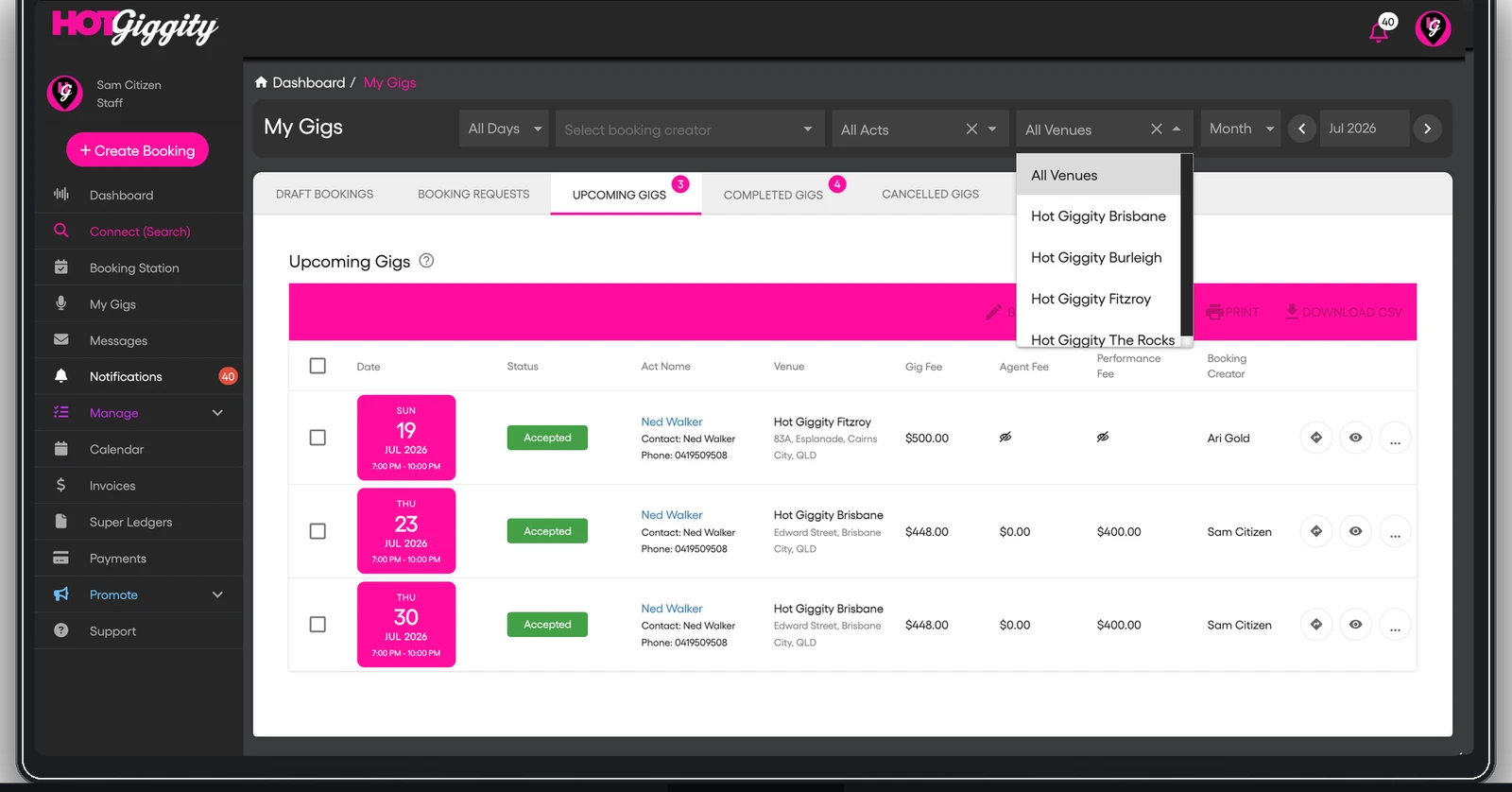 Hot Giggity venue calendar - upcoming gigs dashboard showing confirmed bookings across multiple venues