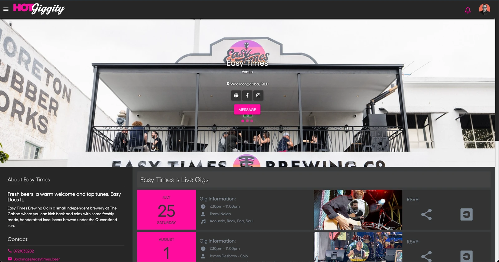 Hot Giggity SEO venue profile page for Easy Times Brewing Co showing venue info, upcoming gigs and artist listings