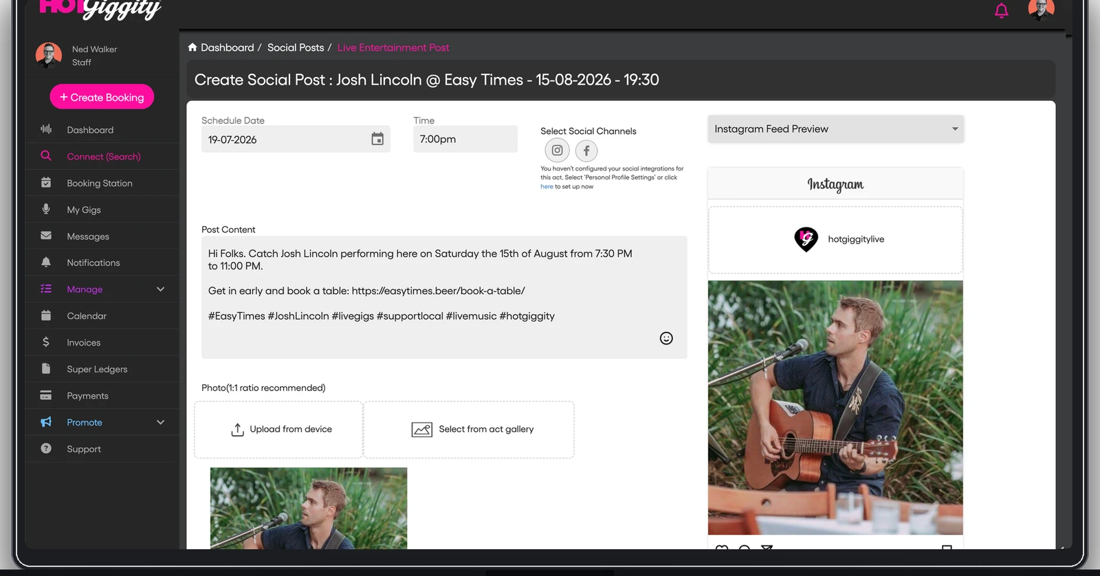 Hot Giggity social post creator - creating a branded post for Josh Lincoln at Easy Times with Instagram preview